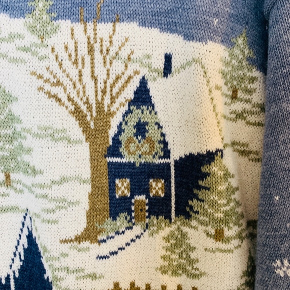Vintage Christmas Sweater Large Blue Cottage Theme Sleigh Ride Horse Cabin USA - Picture 7 of 14